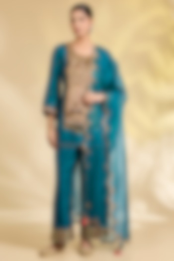 Teal Blue Silk Hand Embroidered Short Kurta Set by Raji Ramniq at Pernia's Pop Up Shop