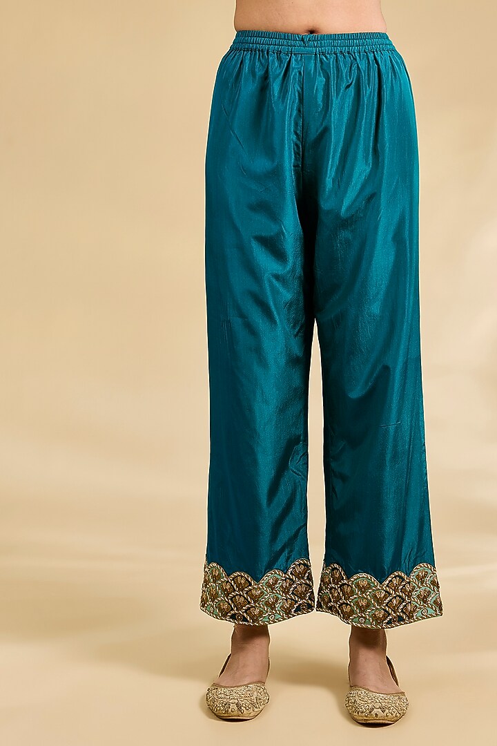 Teal Blue Silk Hand Embroidered Short Kurta Set by Raji Ramniq at Pernia's Pop Up Shop