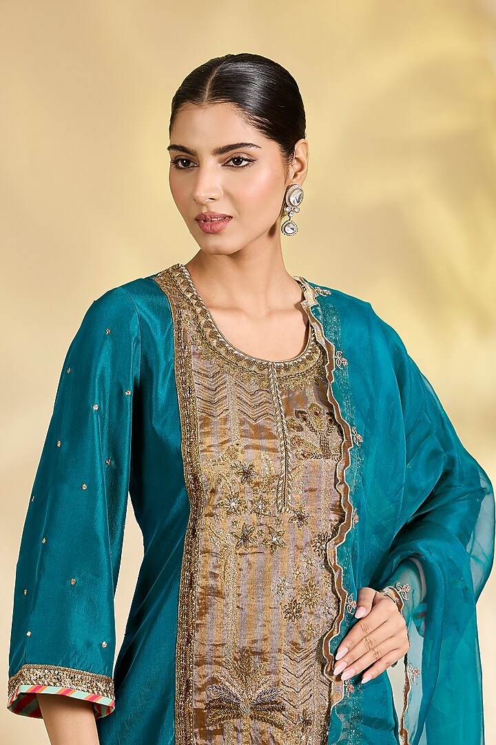 Teal Blue Silk Hand Embroidered Short Kurta Set by Raji Ramniq at Pernia's Pop Up Shop