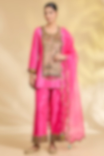 Hot Pink Silk Hand Embroidered Short Kurta Set by Raji Ramniq at Pernia's Pop Up Shop