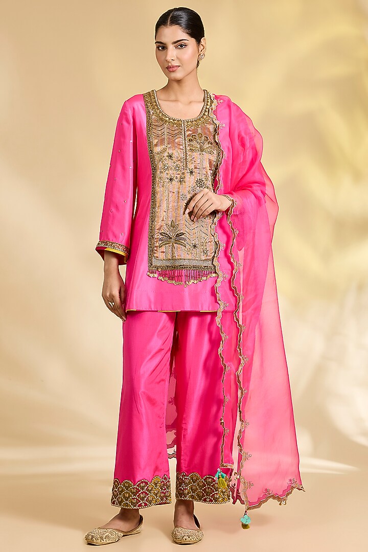 Hot Pink Silk Hand Embroidered Short Kurta Set by Raji Ramniq at Pernia's Pop Up Shop