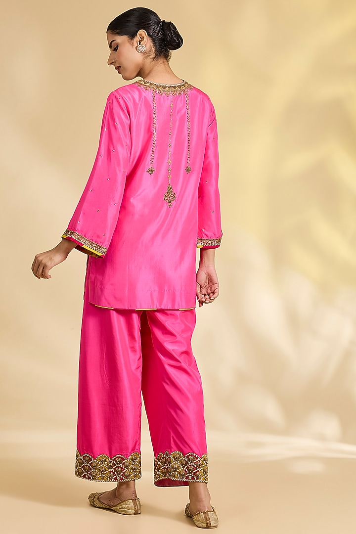 Hot Pink Silk Hand Embroidered Short Kurta Set by Raji Ramniq at Pernia's Pop Up Shop