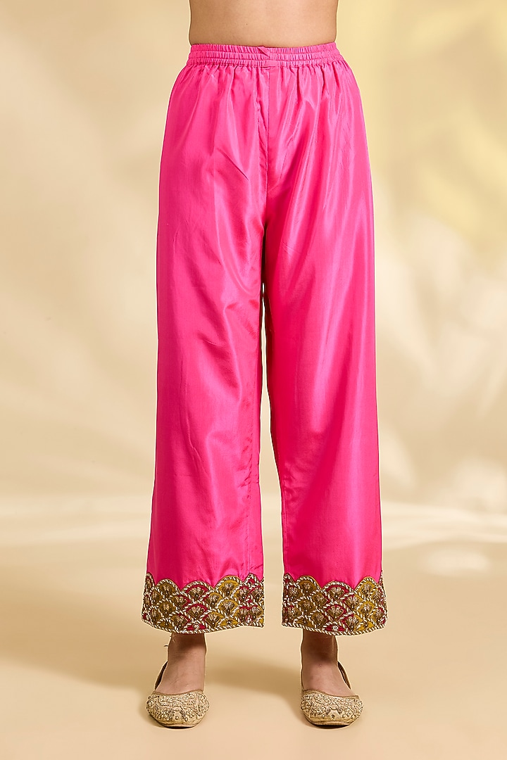 Hot Pink Silk Hand Embroidered Short Kurta Set by Raji Ramniq at Pernia's Pop Up Shop