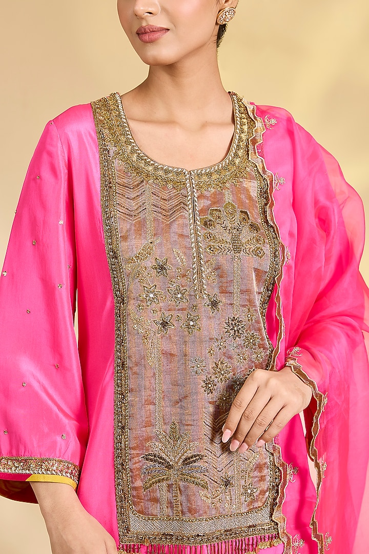 Hot Pink Silk Hand Embroidered Short Kurta Set by Raji Ramniq at Pernia's Pop Up Shop