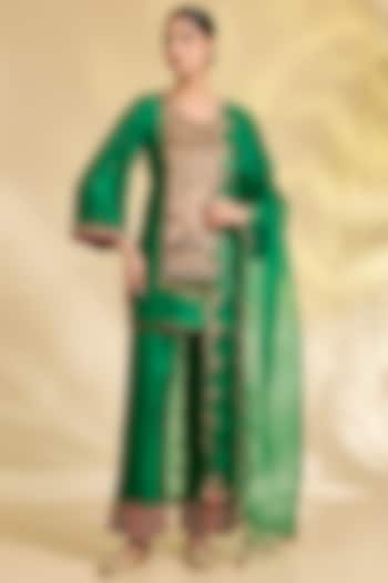 Bottle Green Silk Hand Embroidered Short Kurta Set by Raji Ramniq at Pernia's Pop Up Shop