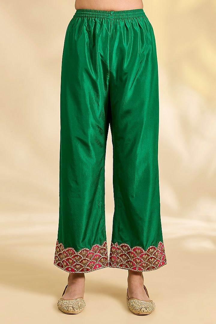 Bottle Green Silk Hand Embroidered Short Kurta Set by Raji Ramniq at Pernia's Pop Up Shop