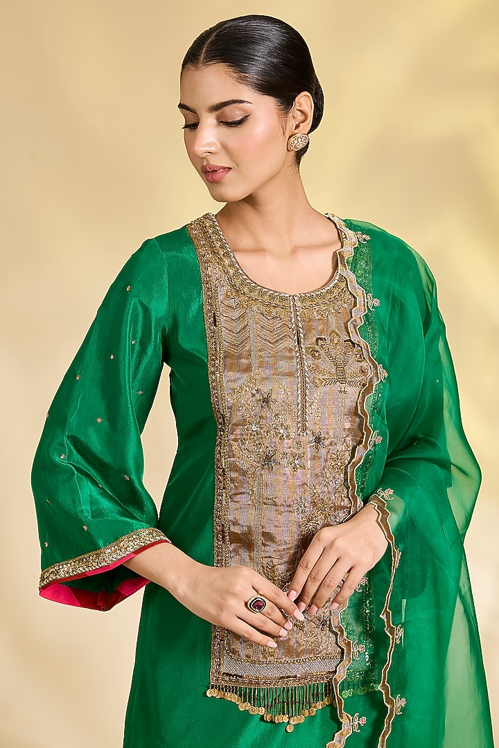 Bottle Green Silk Hand Embroidered Short Kurta Set by Raji Ramniq at Pernia's Pop Up Shop
