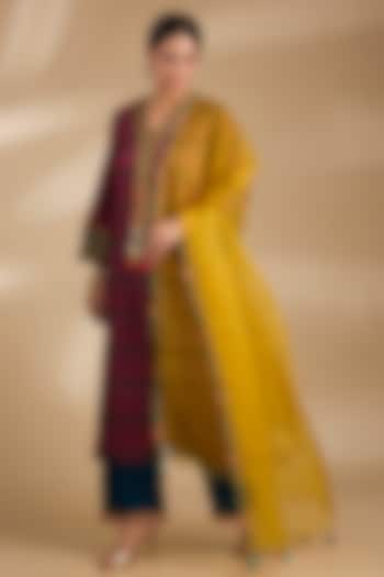 Multi-Colored Crepe & Modal Satin Phulkari Printed A-Line Kurta Set by Raji ramniq at Pernia's Pop Up Shop