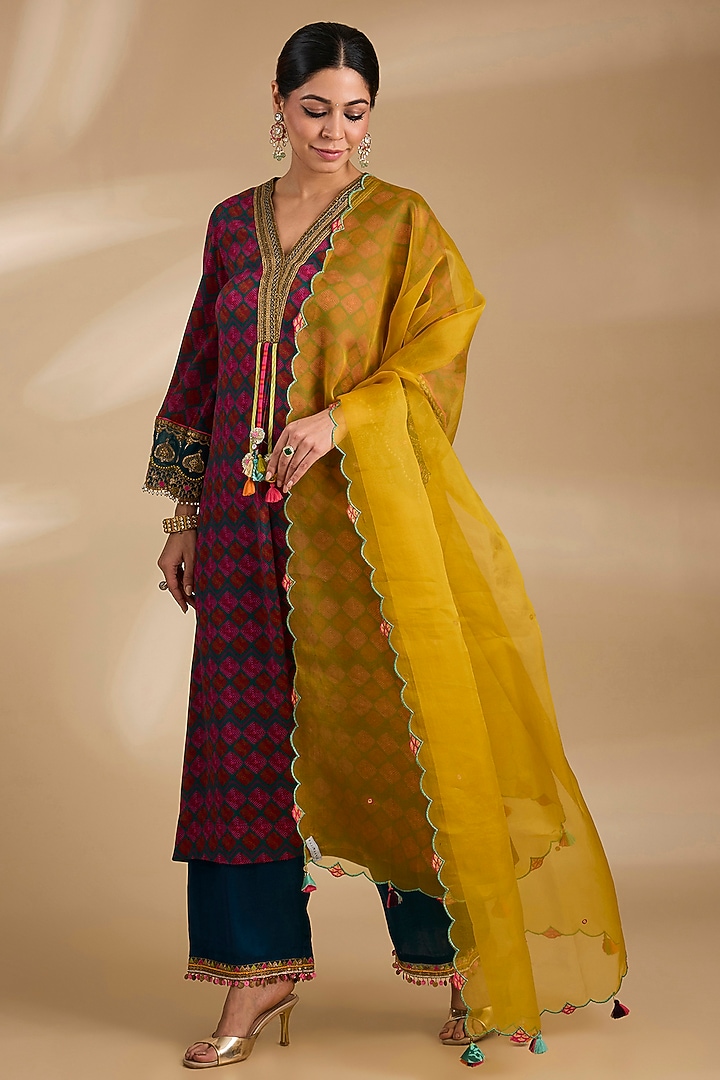 Multi-Colored Crepe & Modal Satin Phulkari Printed A-Line Kurta Set by Raji ramniq at Pernia's Pop Up Shop