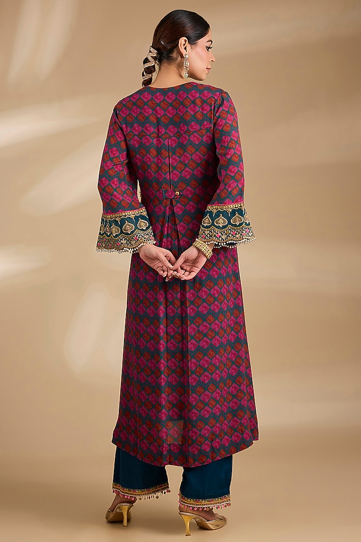Multi-Colored Crepe & Modal Satin Phulkari Printed A-Line Kurta Set by Raji ramniq at Pernia's Pop Up Shop