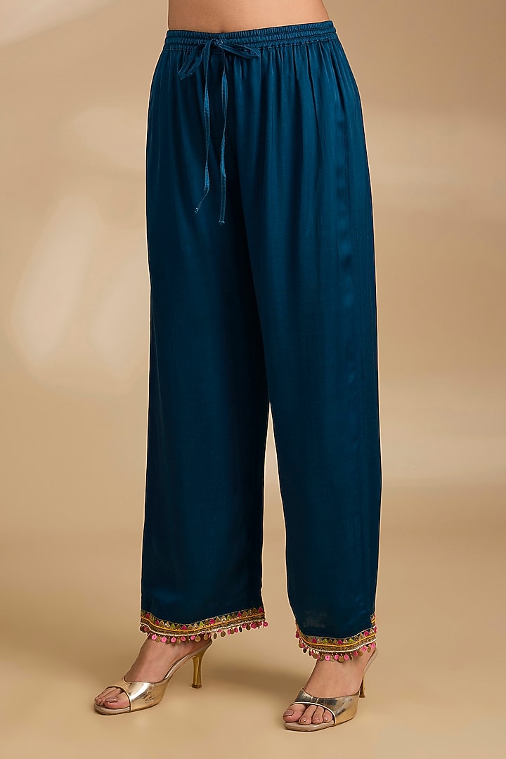 Multi-Colored Crepe & Modal Satin Phulkari Printed A-Line Kurta Set by Raji ramniq at Pernia's Pop Up Shop