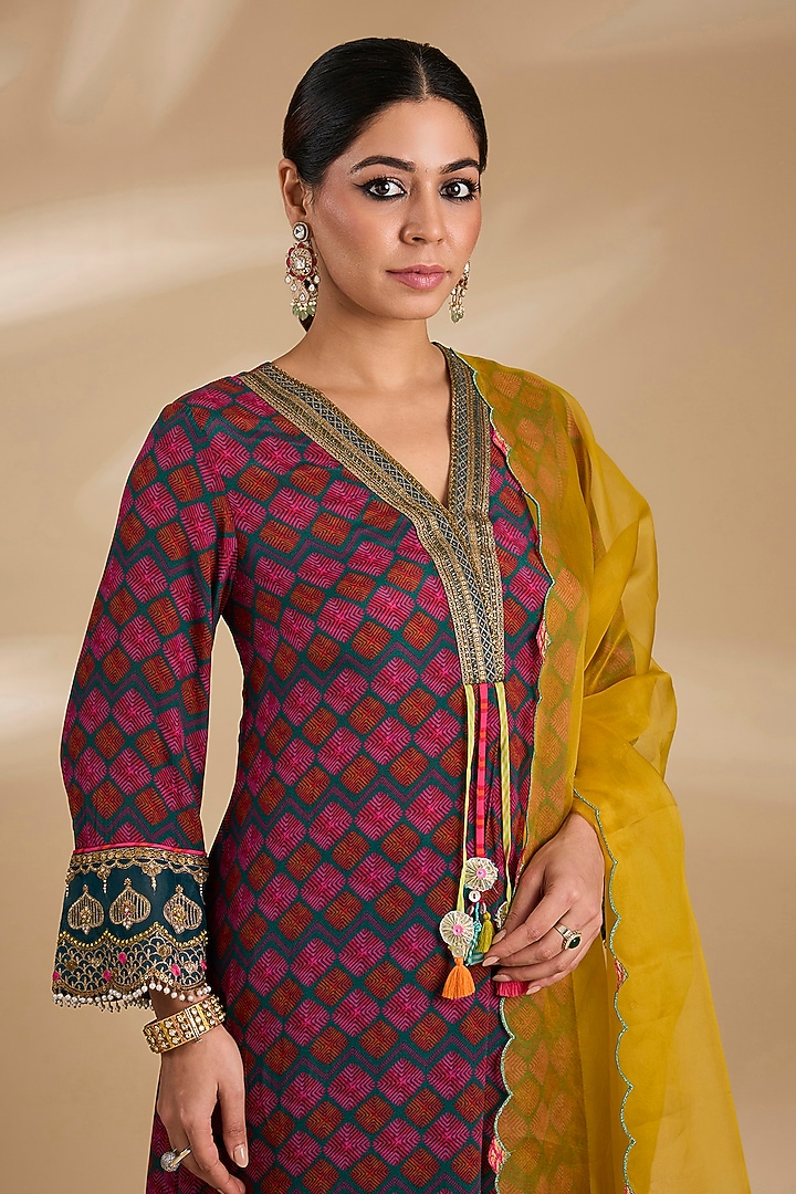 Multi-Colored Crepe & Modal Satin Phulkari Printed A-Line Kurta Set by Raji ramniq at Pernia's Pop Up Shop