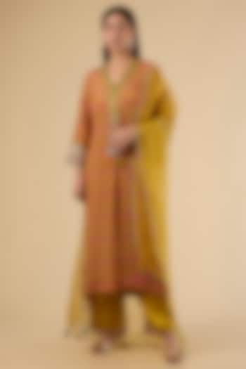 Yellow Modal Satin Printed Box-Pleated Kurta Set by Raji Ramniq at Pernia's Pop Up Shop