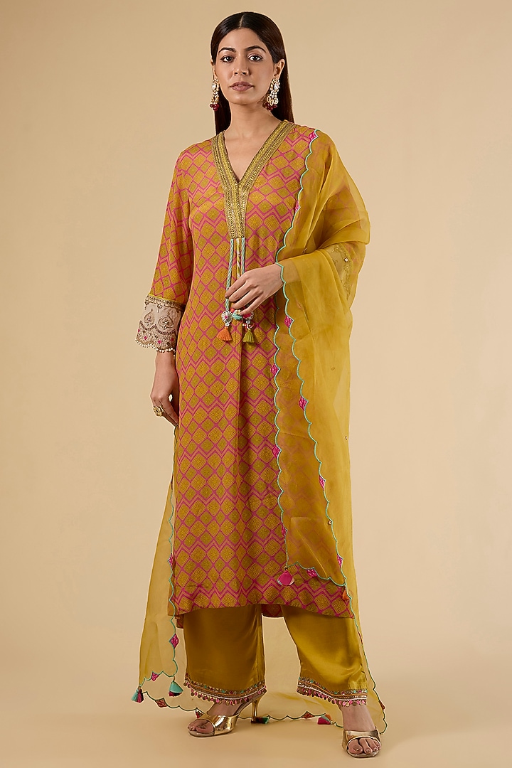 Yellow Modal Satin Printed Box-Pleated Kurta Set by Raji Ramniq at Pernia's Pop Up Shop