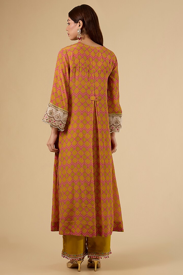 Yellow Modal Satin Printed Box-Pleated Kurta Set by Raji Ramniq at Pernia's Pop Up Shop
