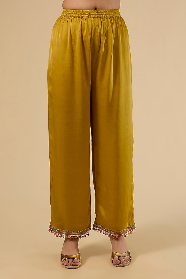 Yellow Modal Satin Printed Box-Pleated Kurta Set by Raji Ramniq at Pernia's Pop Up Shop
