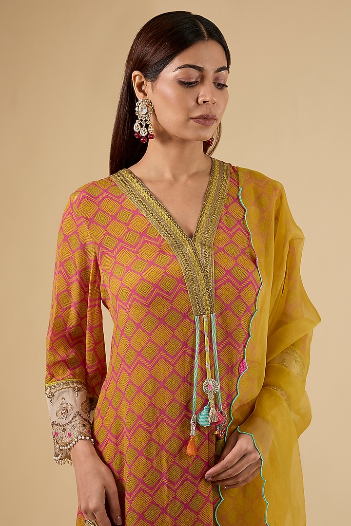 Yellow Modal Satin Printed Box-Pleated Kurta Set by Raji Ramniq at Pernia's Pop Up Shop