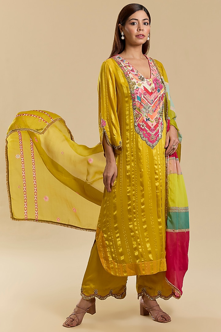 Yellow Satin Georgette & Modal Satin Hand Embroidered A-Line Kurta Set by Raji Ramniq at Pernia's Pop Up Shop