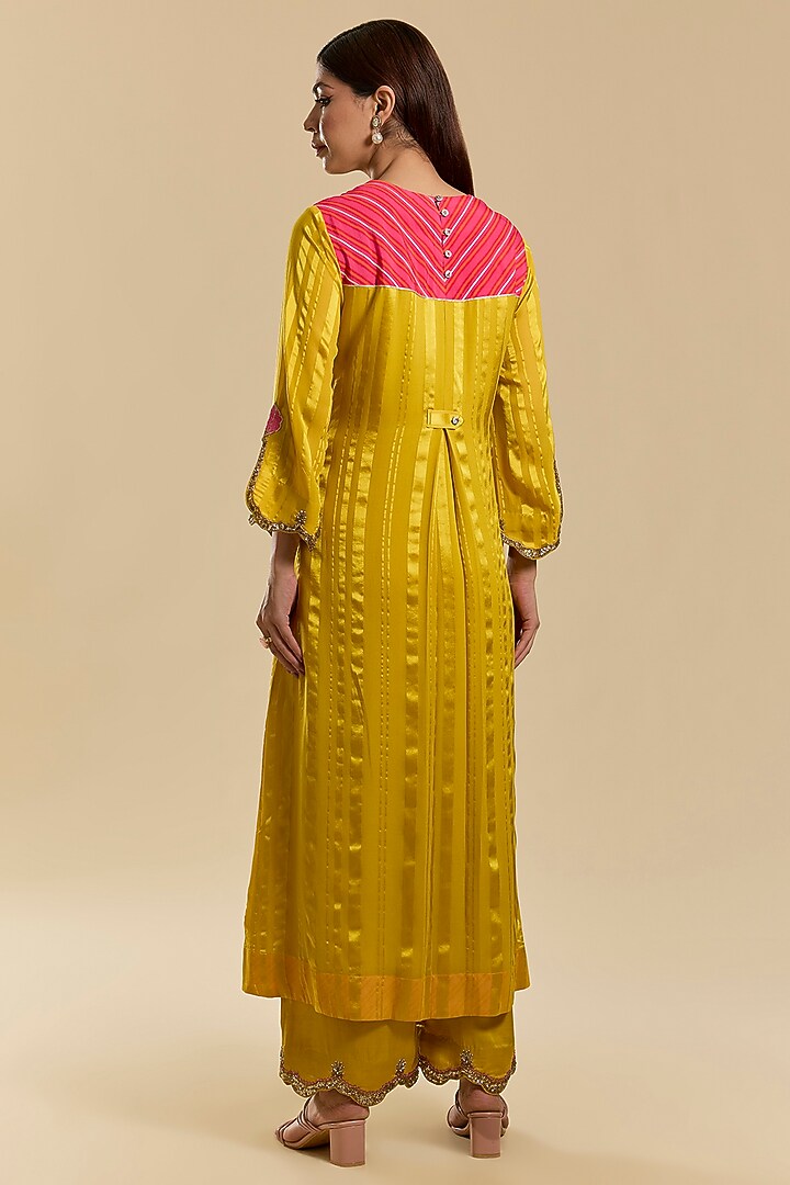Yellow Satin Georgette & Modal Satin Hand Embroidered A-Line Kurta Set by Raji Ramniq at Pernia's Pop Up Shop