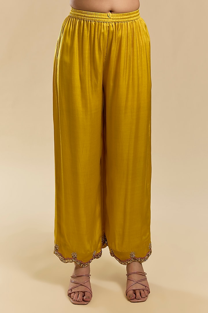 Yellow Satin Georgette & Modal Satin Hand Embroidered A-Line Kurta Set by Raji Ramniq at Pernia's Pop Up Shop