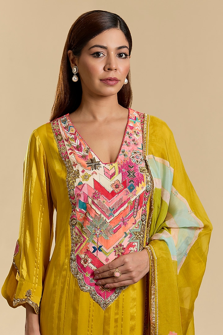 Yellow Satin Georgette & Modal Satin Hand Embroidered A-Line Kurta Set by Raji Ramniq at Pernia's Pop Up Shop