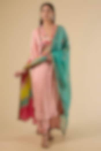 Nude Pink Modal Satin Striped Kurta Set by Raji Ramniq at Pernia's Pop Up Shop