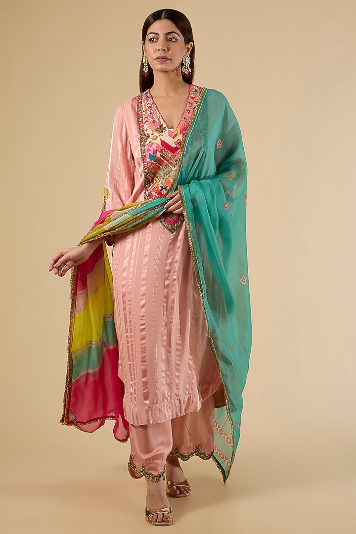 Nude Pink Modal Satin Striped Kurta Set by Raji Ramniq at Pernia's Pop Up Shop