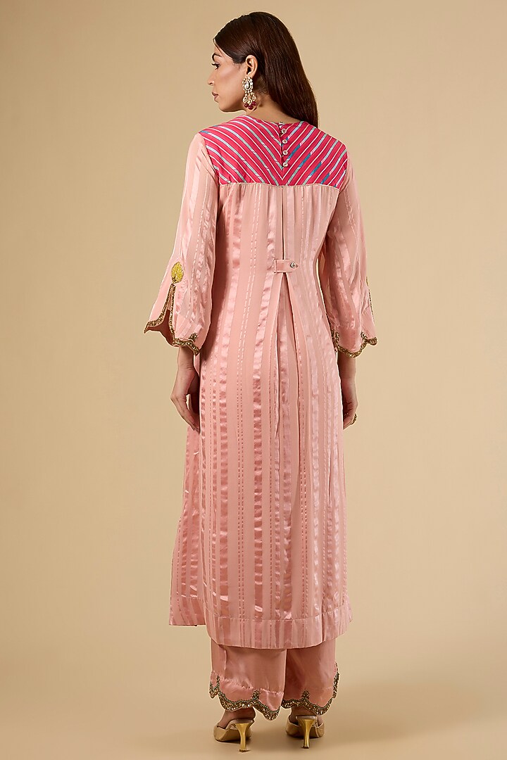 Nude Pink Modal Satin Striped Kurta Set by Raji Ramniq at Pernia's Pop Up Shop