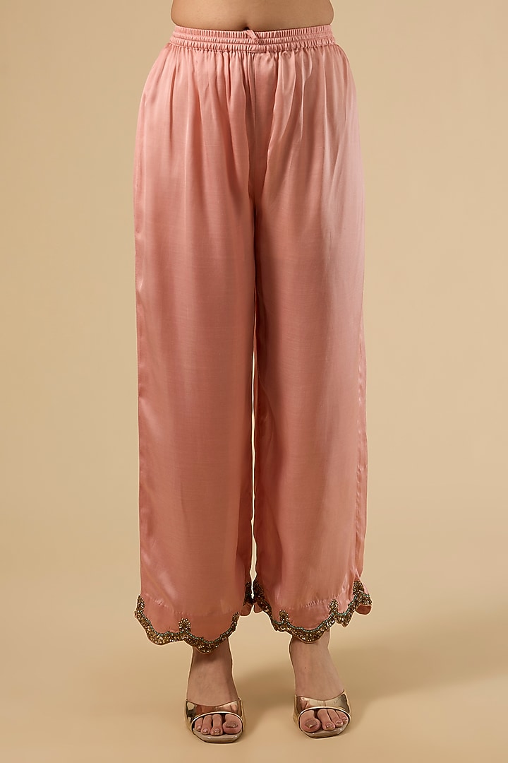 Nude Pink Modal Satin Striped Kurta Set by Raji Ramniq at Pernia's Pop Up Shop
