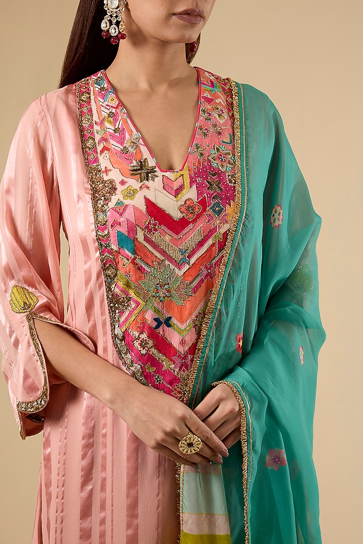Nude Pink Modal Satin Striped Kurta Set by Raji Ramniq at Pernia's Pop Up Shop