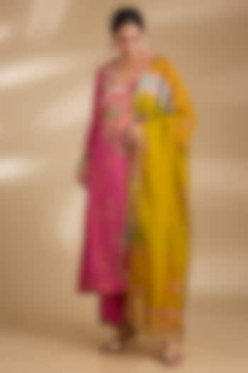 Pink Crepe & Modal Satin Phulkari Printed A-Line Kurta Set by Raji ramniq at Pernia's Pop Up Shop