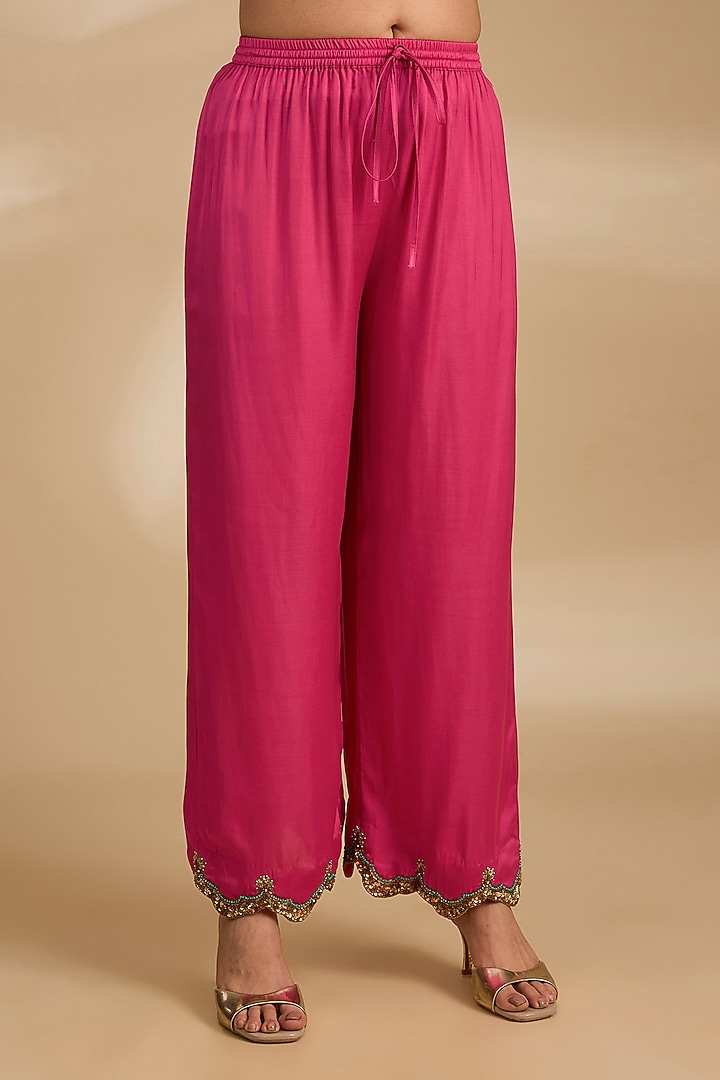 Pink Crepe & Modal Satin Phulkari Printed A-Line Kurta Set by Raji ramniq at Pernia's Pop Up Shop