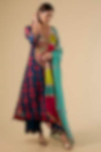 Blue Modal Satin Printed Kurta Set by Raji Ramniq at Pernia's Pop Up Shop