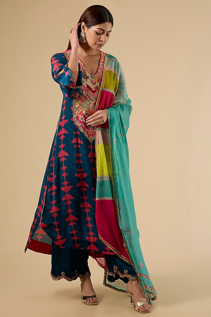 Blue Modal Satin Printed Kurta Set by Raji Ramniq at Pernia's Pop Up Shop