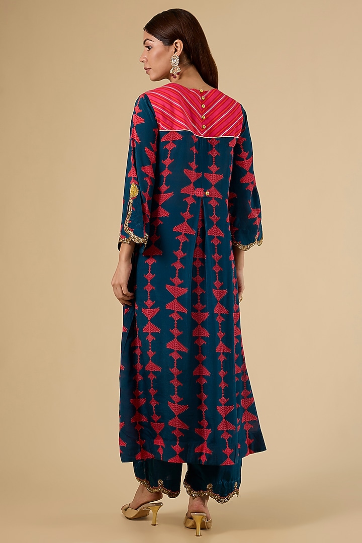 Blue Modal Satin Printed Kurta Set by Raji Ramniq at Pernia's Pop Up Shop