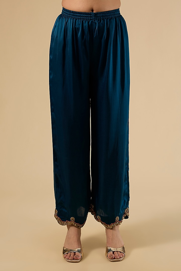 Blue Modal Satin Printed Kurta Set by Raji Ramniq at Pernia's Pop Up Shop