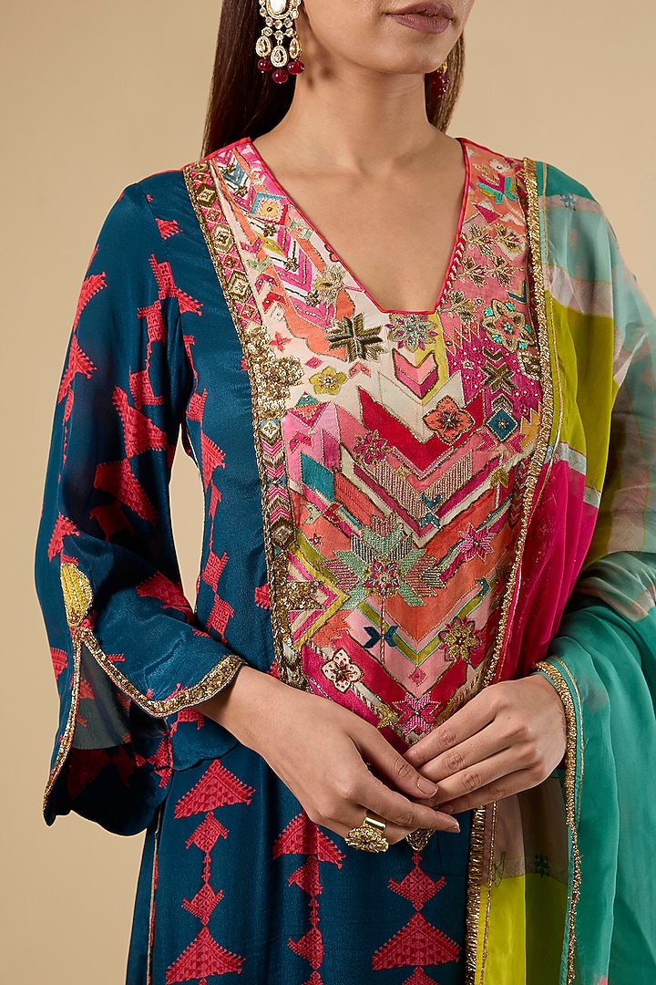 Blue Modal Satin Printed Kurta Set by Raji Ramniq at Pernia's Pop Up Shop
