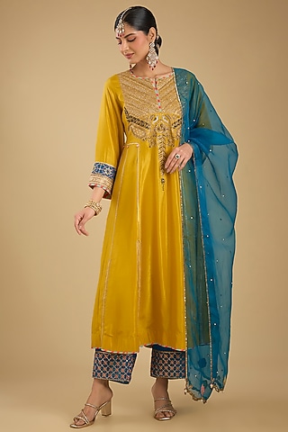 Yellow Silk Kurta Set by Raji Ramniq