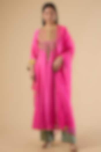 Hot Pink Modal Satin Hand Embroidered Kurta Set by Raji Ramniq at Pernia's Pop Up Shop