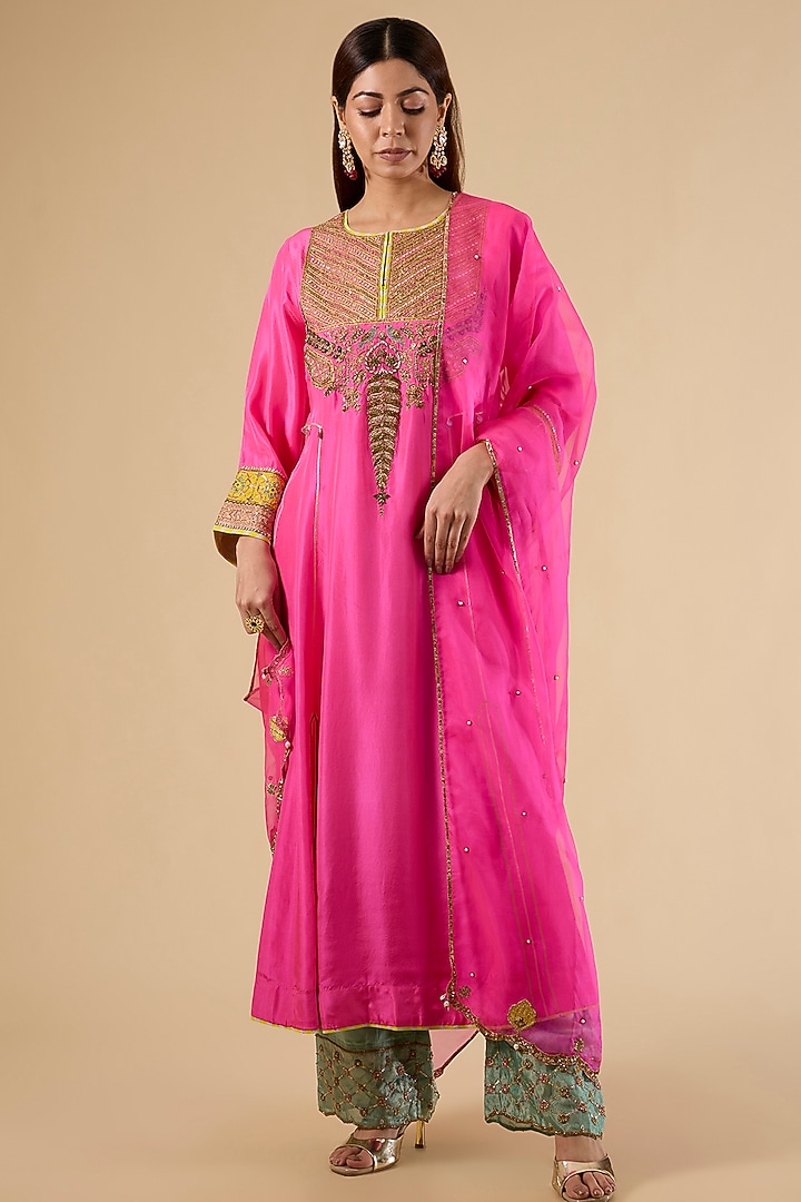 Hot Pink Modal Satin Hand Embroidered Kurta Set by Raji Ramniq at Pernia's Pop Up Shop