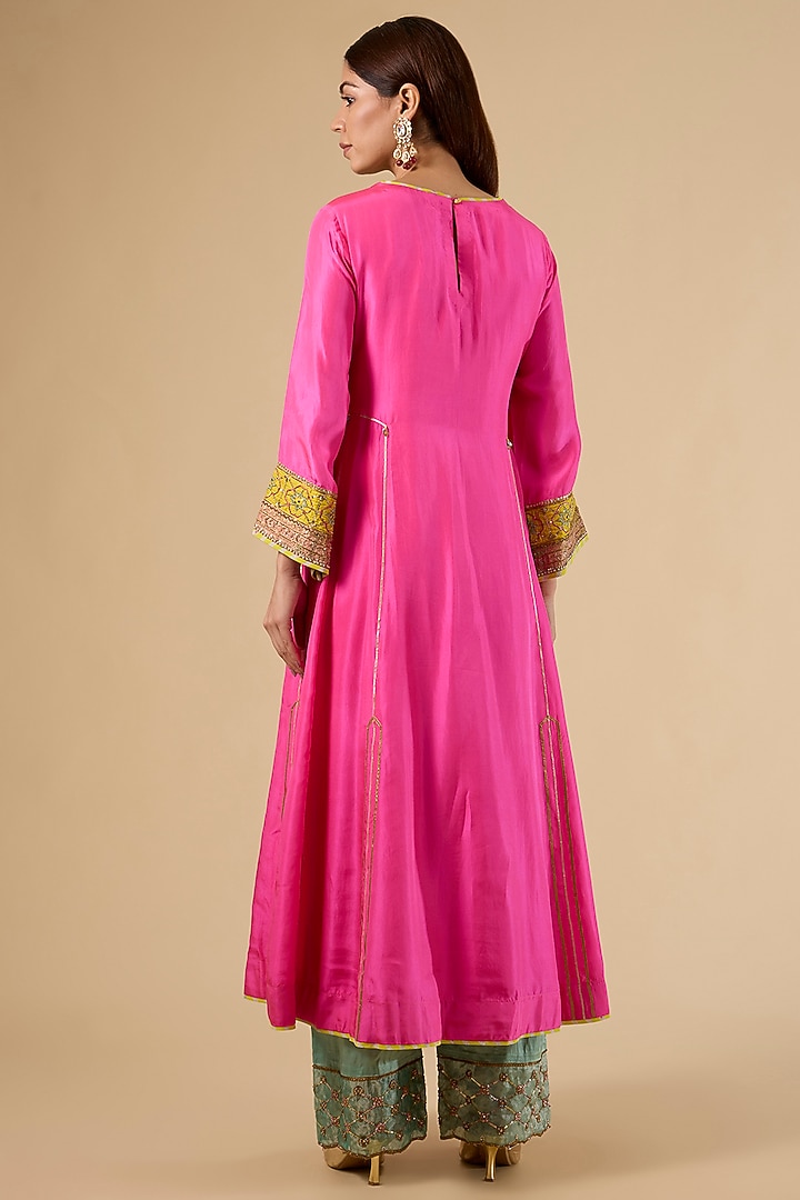 Hot Pink Modal Satin Hand Embroidered Kurta Set by Raji Ramniq at Pernia's Pop Up Shop