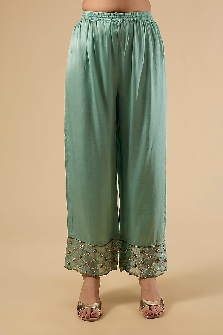 Hot Pink Modal Satin Hand Embroidered Kurta Set by Raji Ramniq at Pernia's Pop Up Shop