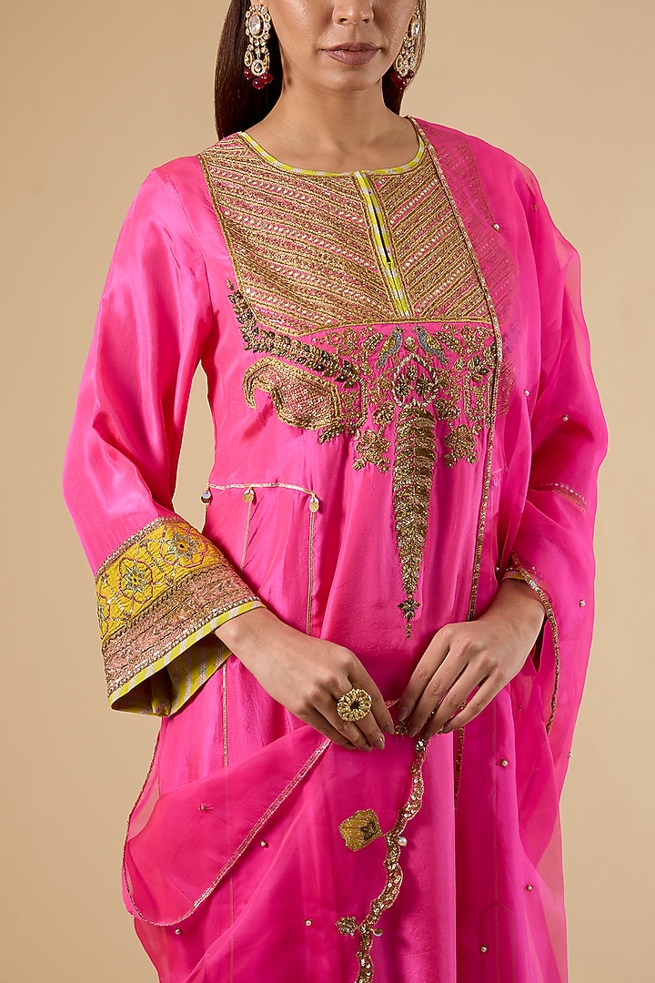 Hot Pink Modal Satin Hand Embroidered Kurta Set by Raji Ramniq at Pernia's Pop Up Shop