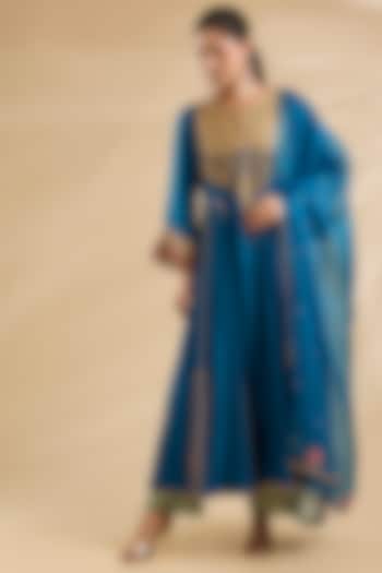 Teal Blue Silk Kurta Set by Raji Ramniq at Pernia's Pop Up Shop