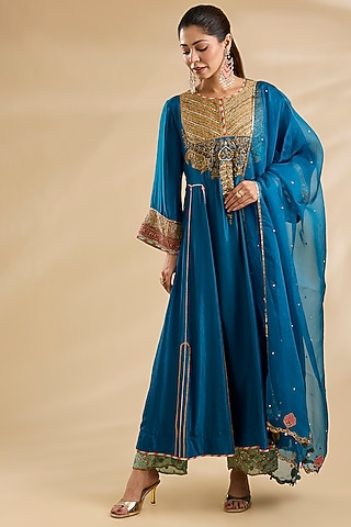 Teal Blue Silk Kurta Set by Raji Ramniq