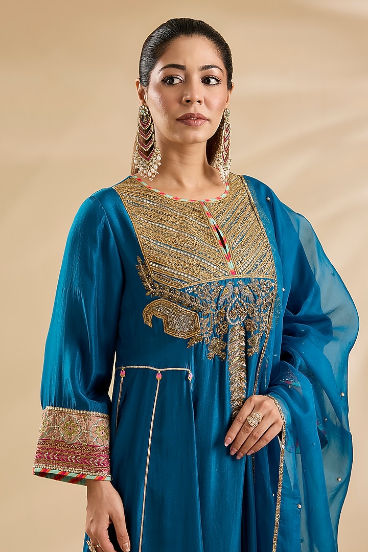Teal Blue Silk Kurta Set by Raji Ramniq at Pernia's Pop Up Shop