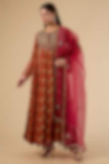 Orange Crepe Printed Wedding Anarkali Set by Raji Ramniq at Pernia's Pop Up Shop