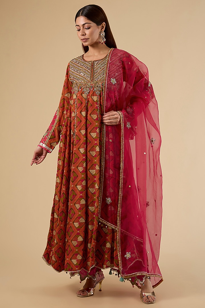 Orange Crepe Printed Wedding Anarkali Set by Raji Ramniq at Pernia's Pop Up Shop