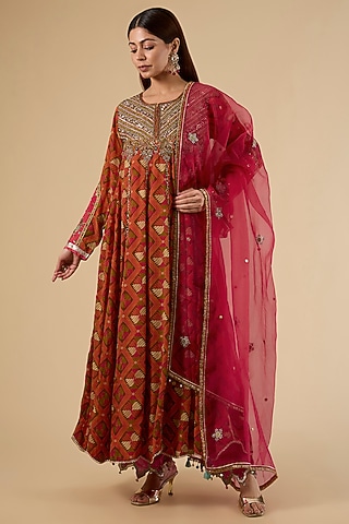 Orange Crepe Printed Anarkali Set by Raji Ramniq