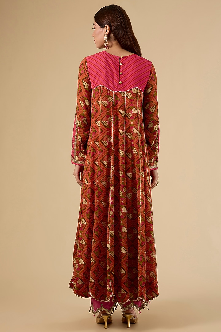 Orange Crepe Printed Wedding Anarkali Set by Raji Ramniq at Pernia's Pop Up Shop
